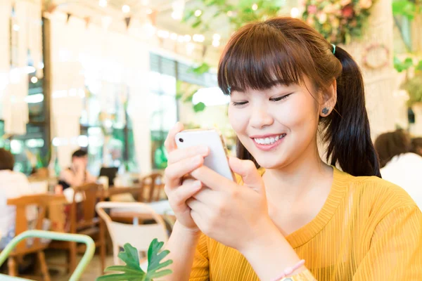 Portrait Asian Beautiful Nerd Girl Using Mobile Smart Phone Cafe — Stock Photo, Image