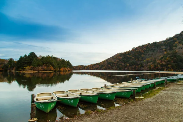 Boats at the pier of the Nikko park at autumn — Stock Photo, Image