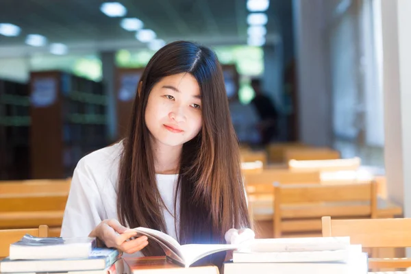 Happy Asian Student Young Woman Thinking Book Library Sitting Wood — Stock Photo, Image