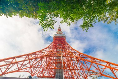 Tokyo kule mavi gök yeşil ağaç yaprak ön plan, Modern mimarisi ile güneş günü
