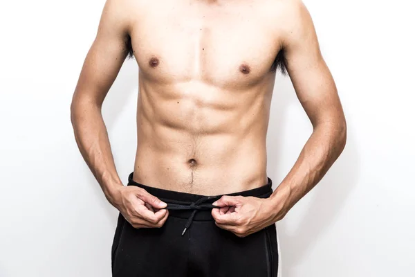 Músculo Asiático Hombre Mostrando Blanco Fondo Saludable Ejercicio Concepto — Foto de Stock