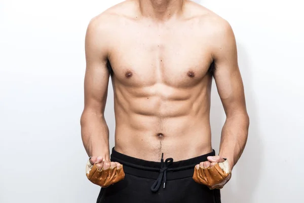 Мускулистый Азиатский Человек Белом Фоне Здоровый Концепт Упражнений — стоковое фото