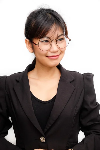 Leende affärskvinnor bära svart kostym med glasögon — Stockfoto