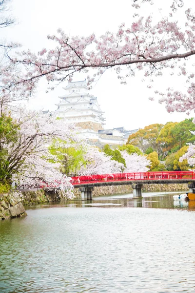 色、めづらし花見フェスながら赤い橋と姫路城 — ストック写真
