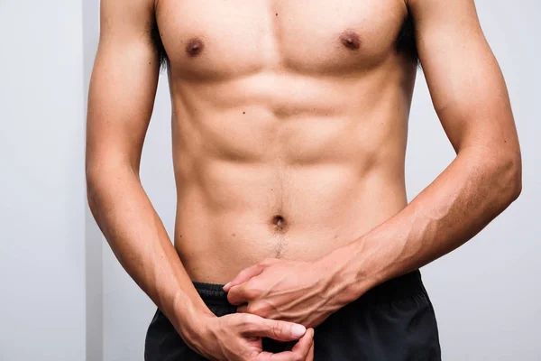 Cuerpo Del Hombre Muscular Sobre Fondo Blanco Concepto Culturista Deporte — Foto de Stock