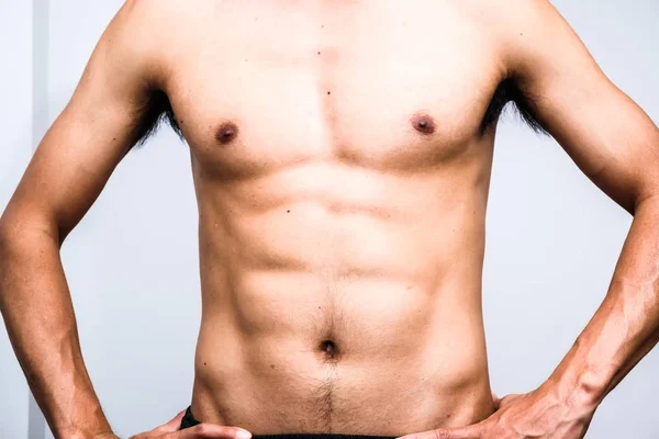 Cuerpo Del Hombre Muscular Sobre Fondo Blanco Concepto Culturista Deporte — Foto de Stock