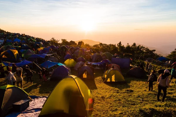 Camping Tent While Sun Rise View Mountain Peak Outdoor Activity — Stock Photo, Image