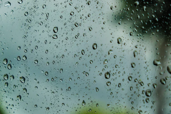 Drops of rain on window with blurred green nature