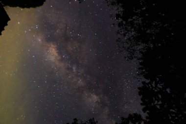 Samanyolu galaksinin karanlık gökyüzü derin gece, uzay ve evren