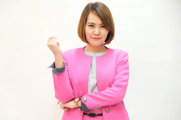 Business Smart Asiatique Femmes Santé Concept Costume Rose Sur Fond — Photo