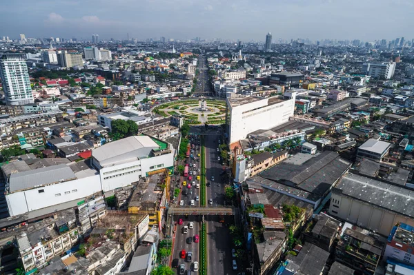 Circle roundabout city junction top view with urban building