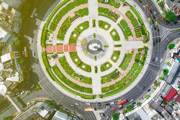Circle roundabout city junction top view with urban building