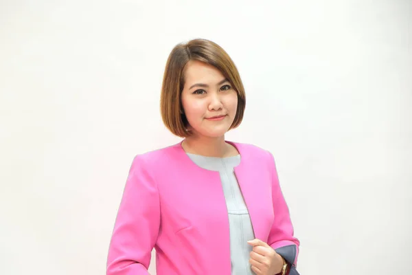 Business Smart Asiatique Femmes Santé Concept Costume Rose Sur Fond — Photo