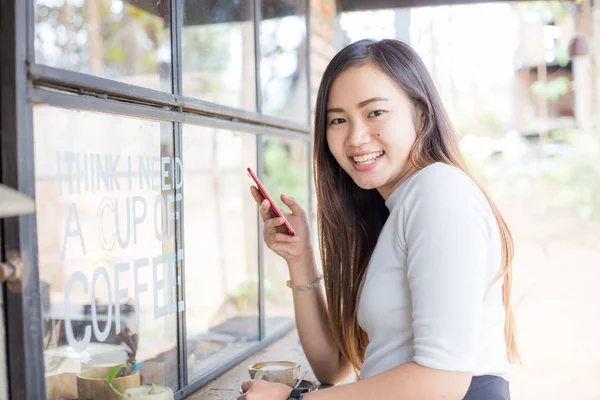 Business Asian Women Texting Smart Phone Modern Coffe Shop Coffee — Stock Photo, Image