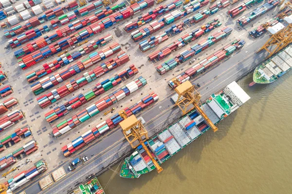 Embarcación Contenedores Vista Superior Del Puerto Comercial Importación Desde Dron — Foto de Stock