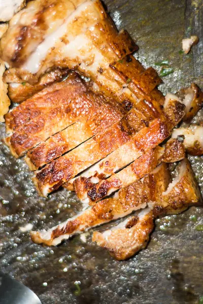 Fried pork cutting BBQ on wood — Stock Photo, Image