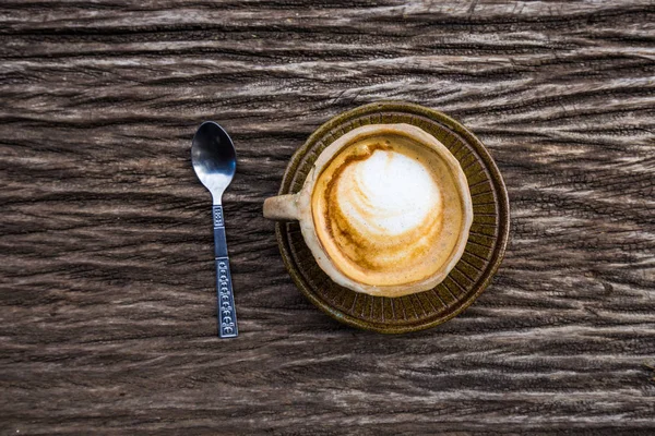 Latte Art Heißen Kaffee Steinbecher Auf Holztisch Aroma Trinken — Stockfoto