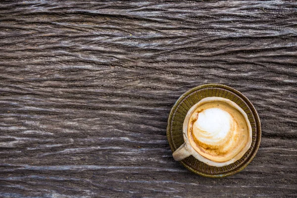 Latte Art Hot Coffee Stone Mug Wood Table Aroma Drinking — Stock Photo, Image