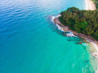 Yeşil ağaçlı Phuket Tayland 'lı deniz manzaralı plaj.