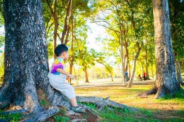 Mutlu çocuk parkta yürüyor yaz günbatımında çimenlerde oynuyor.