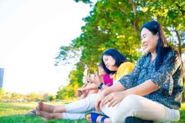 Üç kuşak Asyalı büyükanne, büyükbaba, torun yeşil çimenlerde oturuyorlar günbatımı aydınlığı açık hava parkı mutlu bir hayat.