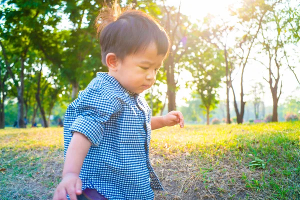 Pequeño Asiático Chico Tratar Caminar Verde Hierba Público Park Sunset — Foto de Stock