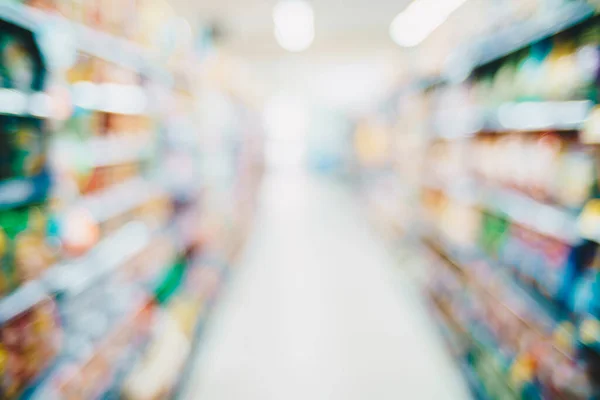 Abstrato Desfocado Alimentos Bebidas Prateleira Supermercado Com Bokeh — Fotografia de Stock