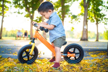 Bebek 1-2 yaşında erkek çocuk parkta dengeli bisiklet sürüyor. Gün batımı hafif çocuk egzersizi yapıyor. Bisikletle.