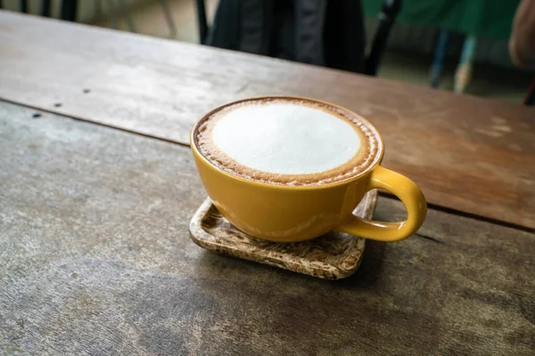 Hot Aroma Coffee Drink Latte Cup Wood Table — Stock Photo, Image