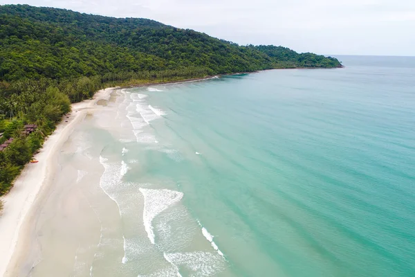 Tropické Moře Vlna Bílý Písek Pláž Zeleným Stromem Letecký Výhled — Stock fotografie