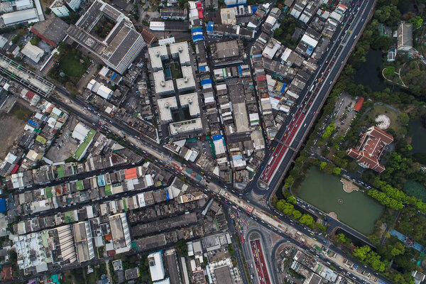 Modern city office block building aerial view Bangkok Thailand