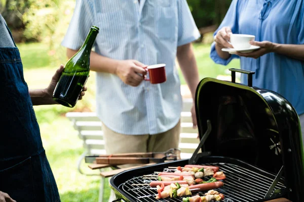 Groep Van Middla Agred Pensionering Vriend Bbq Prty Groen Prk — Stockfoto