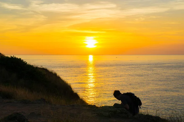 Силуетне Небо Заходу Сонця Морському Пляжі Людьми — стокове фото