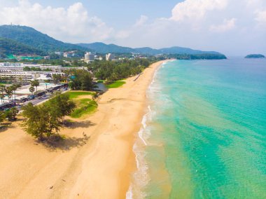 Hindistan cevizi palmiyesi gökyüzü manzaralı deniz mavisi su, Phuket Tayland