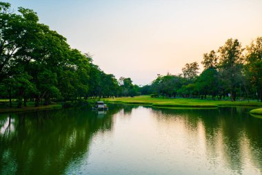 Park göleti gün batımı klorlu gökyüzü silueti ağaç ormanı doğa manzarası