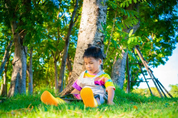 Очаровательный Азиатский Мальчик Сидящий Деревом Использует Планшетную Компьютерную Технологию Изучая — стоковое фото