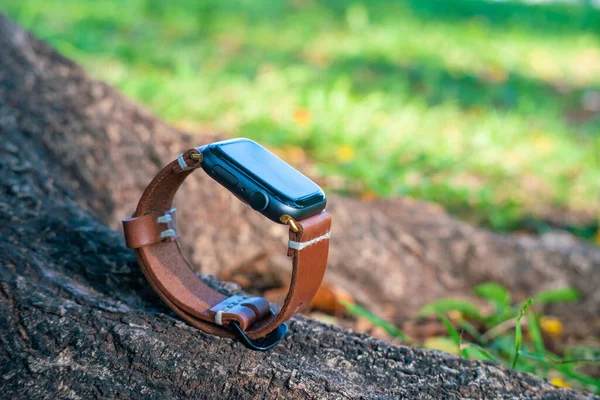Deri akıllı saat bandı işçiliği doğa arka planında çalışan nesne