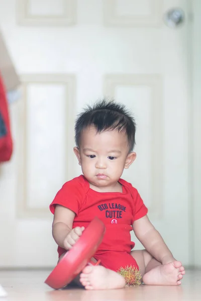 Adorable Infant Baby Asian Boy Siting Wood Floor Playing Toy — Stock Photo, Image