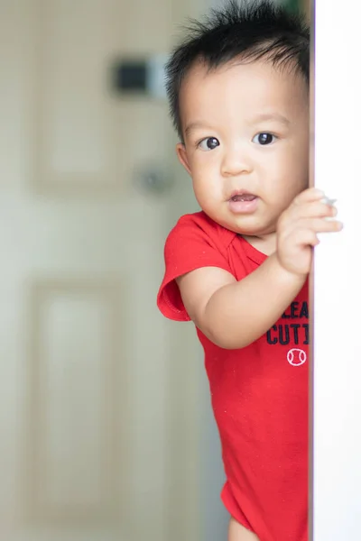 Baby Boy Red Body Suit Practice Standing Hold Door House — Stock Photo, Image