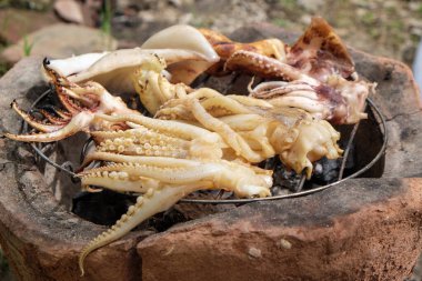 Büyük mürekkep balığı ateşte kızartılmış geleneksel deniz ürünleri, deniz ürünleri objesi.