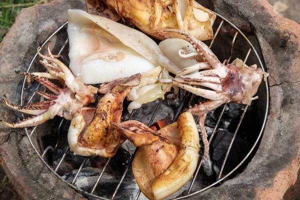Calamares Grandes Parrilla Fuego Cocina Tradicional Objeto Mariscos — Foto de Stock