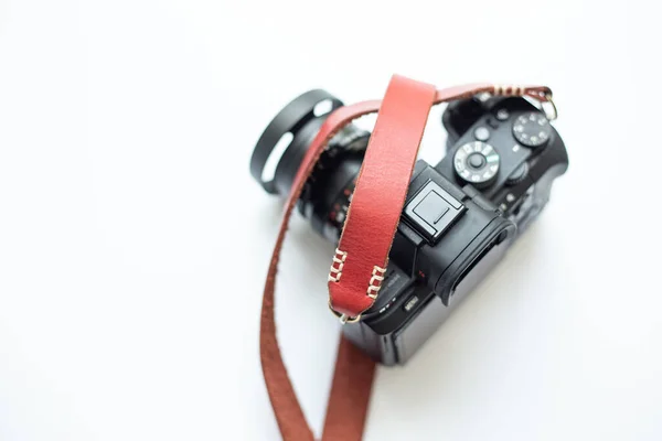 Genuine Leather Camera Strap Handmade Mirrorless Camera White Background — Stock Photo, Image