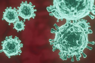 Çin virüsü 2019-nCoV coronavirus COVID-19 virüsü hücresel bir ortamda yüzüyor, 3 boyutlu virüs, organizma çizimi, mikro virüs görüldü