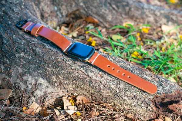 Leder Smartwatch Band Handwerkskunst Arbeitsobjekt Der Natur Hintergrund — Stockfoto