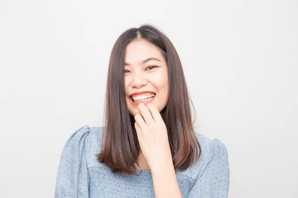 Porträtt Vackra Asiatiska Kvinnor Uttryck Glad Leende Och Skratta Vit — Stockfoto