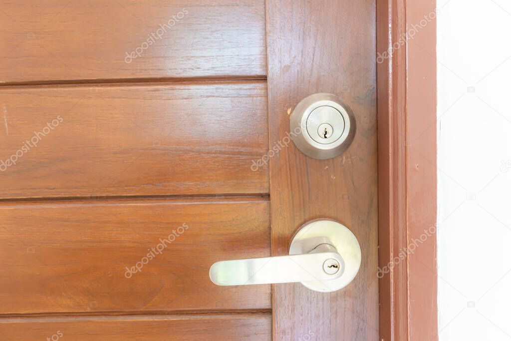 Modern brown teak door with satinless knob lock, Contemporary room