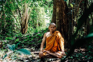 Buda keşişinin derin ormandaki meditasyonu nehir ve din kavramı ile