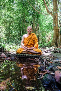 Buda keşişinin derin ormandaki meditasyonu nehir ve din kavramı ile