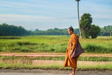 Buda keşişi sadaka ve bağış toplamak için yürürken Dhutanga kırsal kesimde sabahleyin