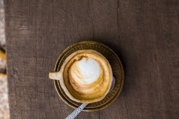 Heiße Latte Art Kaffeeservice Auf Kunst Holz Tischplatte Ansicht — Stockfoto